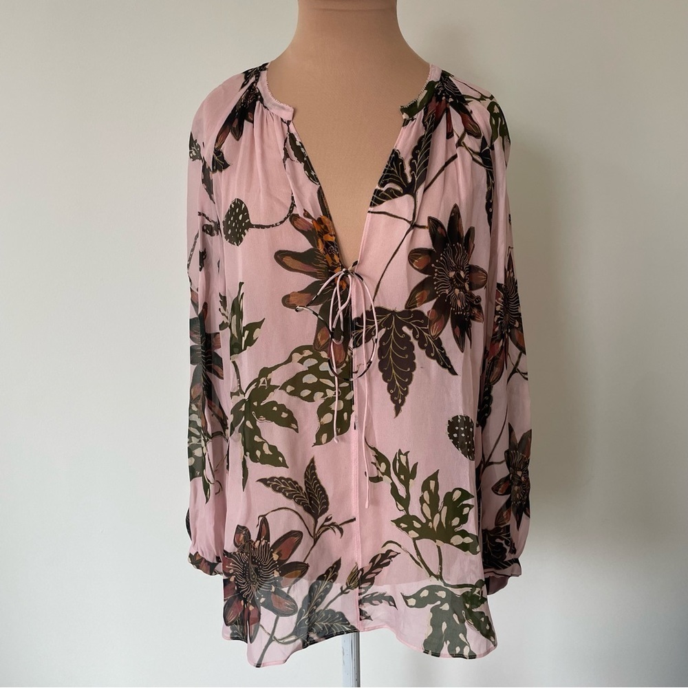 Dorothee Schumacher Pink Powerful Flora Floral Print Silk Long Sleeve Blouse EUC